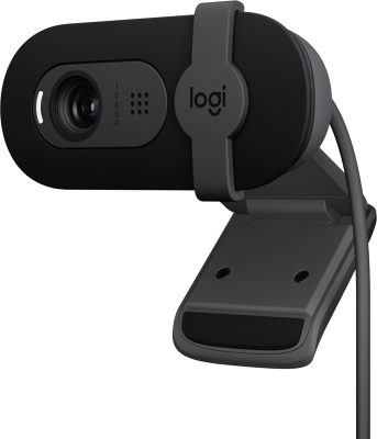 Photo of the black Logitech Brio webcam